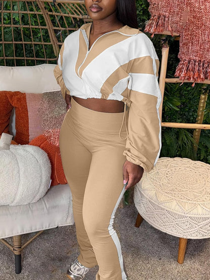 Women 2 Piece Outfit Long Sleeve Zip Up Crop Jacket High Waist Stretchy Pants