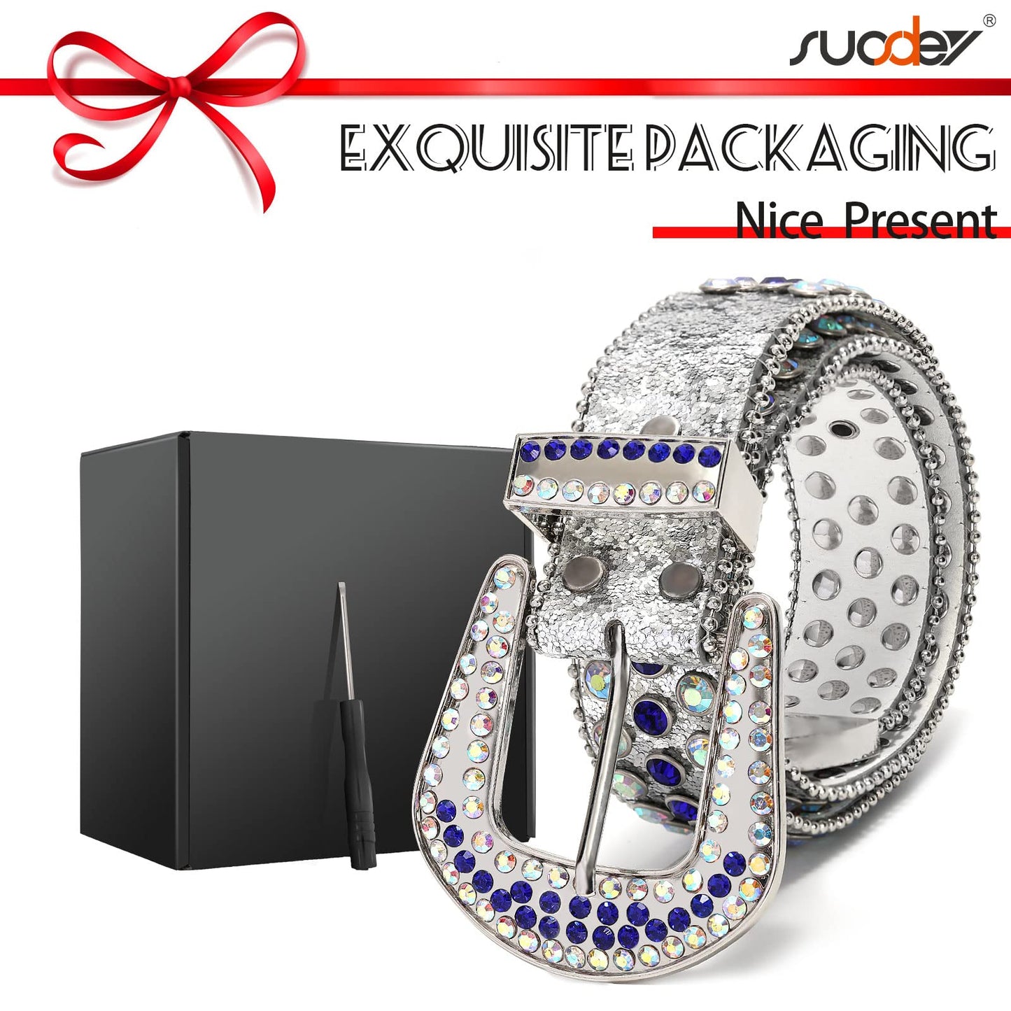 SUOSDEY Rhinestone Belt Unisex Sequin Strap Bling Crystal Western Studs Glitter Luxury Belt for Jeans Pants Dress