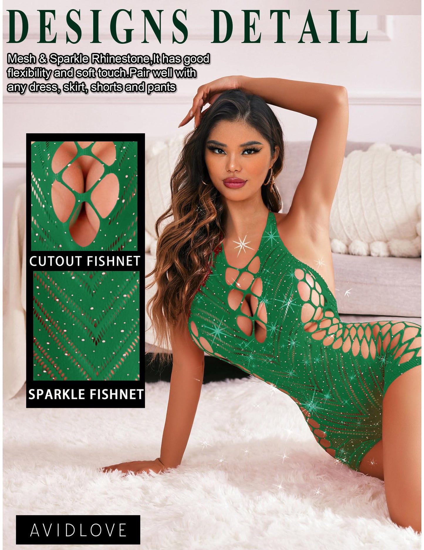 Avidlove Womens Lingeries Fishnet Lingerie for Women Sexy Outfit Fishnet Bodysuit Sparkle Rhinestone Cut Out Romper