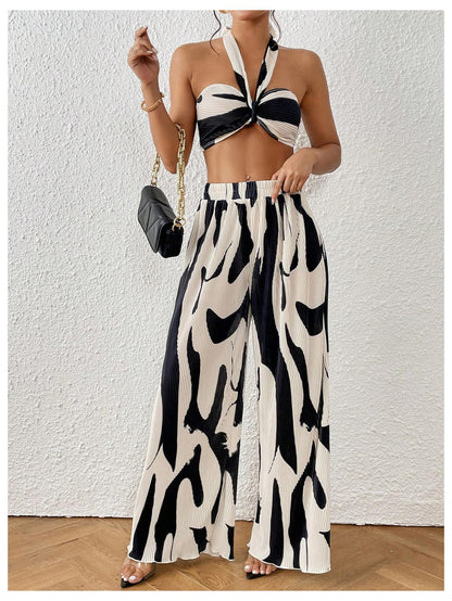 OYOANGLE Women's 2 Piece Outfits Graphic Print Knitted Crop Halter Top and Wide Leg Pants Set