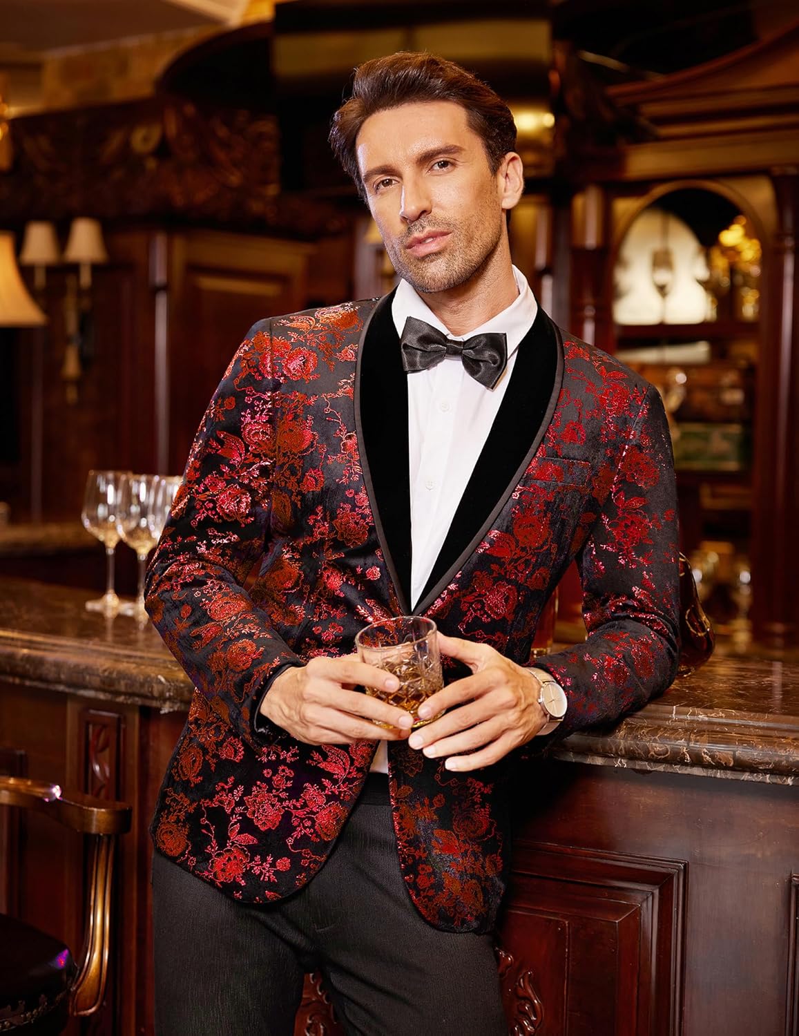 COOFANDY Men's Velvet Tuxedo Floral Blazer Jacket One Button Shawl Lapel Suit Jacket for Dinner Prom Party Wedding