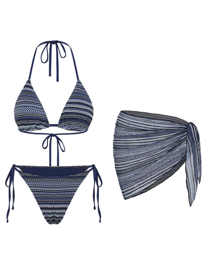 ZAFUL Womens 3pcs Swimsuit Floral Halter Triangle Bikini Top Tie Side Bottom with Long Sheer Cover Up Skirt