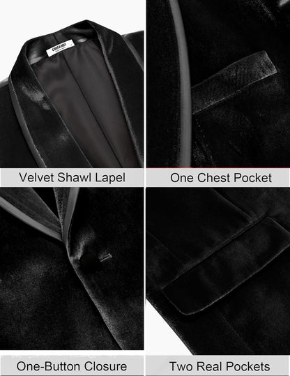 COOFANDY Men's Velvet Tuxedo Floral Blazer Jacket One Button Shawl Lapel Suit Jacket for Dinner Prom Party Wedding