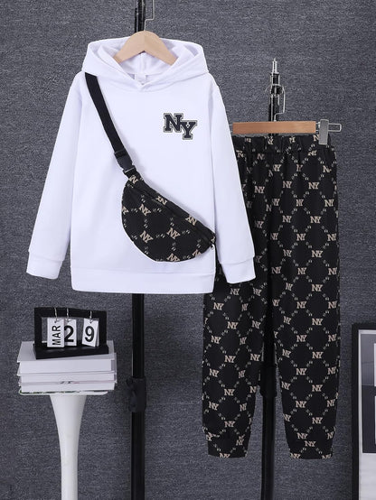 PureChapter Boys' Fashion 3Pcs Pullover Hoodies Sweatshirt Suit Crossbody Bag Stylish Clothes Kids Clothes