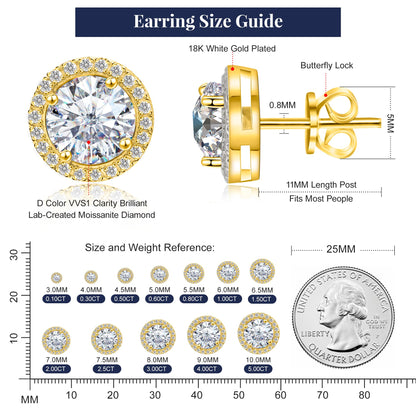 Moissanite Stud Earrings, VVSI Quality D Color Round Cut, Lab Created 925 Sterling Silver with 18K White Gold Plated, Double Halo Design – Idea Gift for Women Men