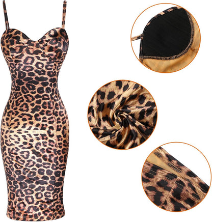 Haysandy 5 Pcs Women Leopard Sleeveless Jewelry Set Cami Dress Earring Necklace Bracelet Purse Date Club Costume
