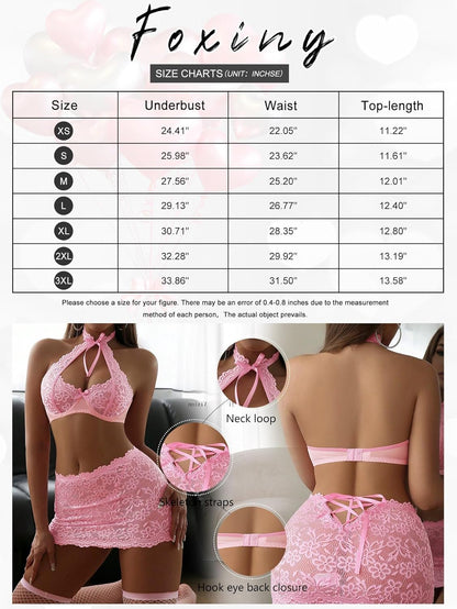 Sexy Cutout Halter Underwire Sheer Mini Skirt Stocking Lingerie Set 4 Piece Outfits