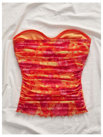 WDIRARA Women's Floral Mesh Tube Top Strapless Ruched Bandeau Summer Vacation Crop Tops