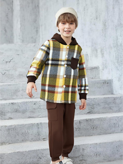 Boys Clothes Fall Winter Outfits, Toddler Boy Sweatsuit Plaid Hoodie Pants Clothing Set For Kids Boys Size 5-12 Years