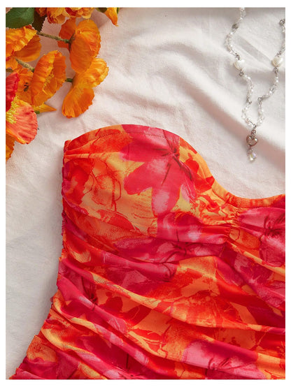 WDIRARA Women's Floral Mesh Tube Top Strapless Ruched Bandeau Summer Vacation Crop Tops