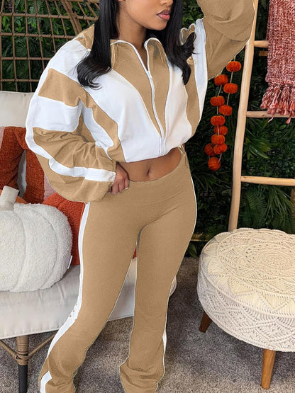 Women 2 Piece Outfit Long Sleeve Zip Up Crop Jacket High Waist Stretchy Pants