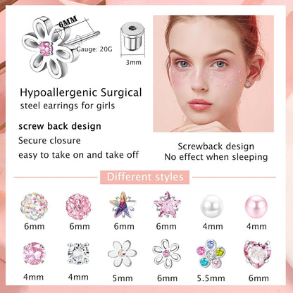 SAILIMUE 12 Pairs Hypoallergenic Screw Back Earrings for Women Girls Surgical Steel Cute Heart CZ Flower Pearl Ball Tiny Screwback Stud Earring
