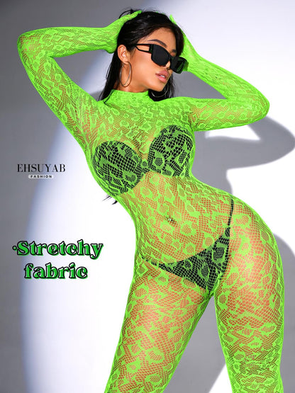 Sexy Lace Leopard Jumpsuit For Women, Fishnet Bodysuit Glow Party Club, Poster One Piece Mesh Full Body Rave Outfits