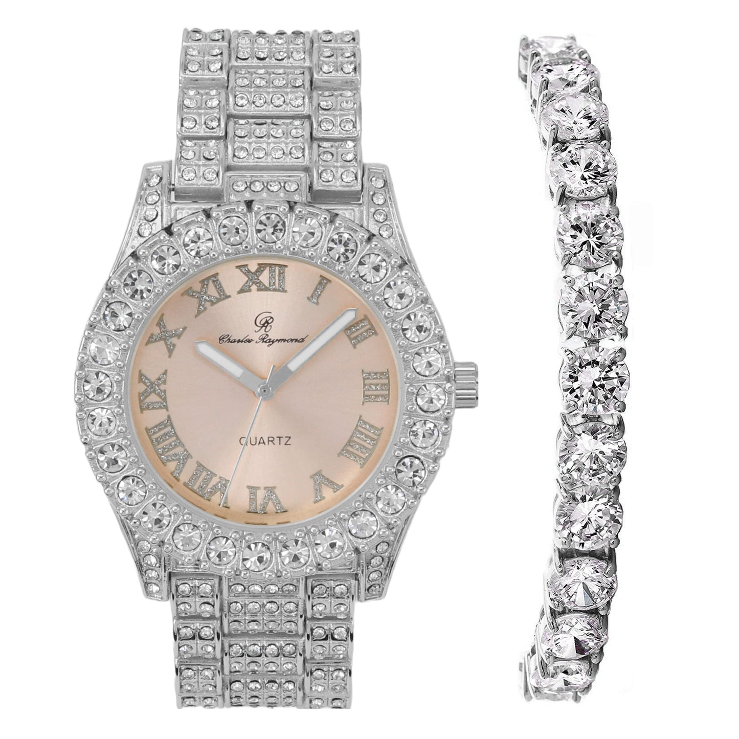 Charles Raymond Women's Big Rocks Bezel Colored Dial with Roman Numerals Fully Iced Out Watch - ST10327LA