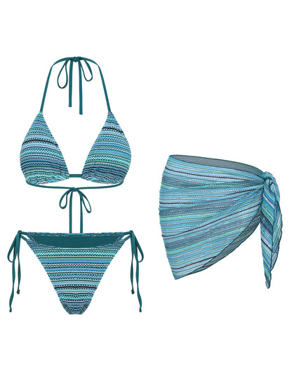 ZAFUL Womens 3pcs Swimsuit Floral Halter Triangle Bikini Top Tie Side Bottom with Long Sheer Cover Up Skirt