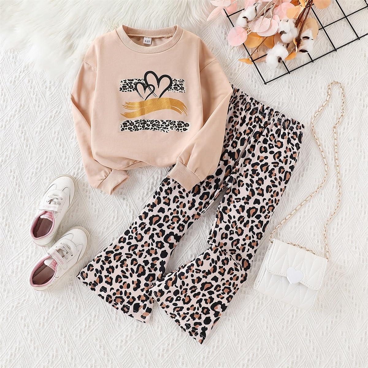 Toddler Girl Clothes Long Sleeve Cartoon & Letter Graphic Top + Fruit Stationery Print Flared Leg Pants