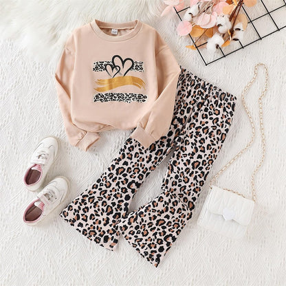 Toddler Girl Clothes Long Sleeve Cartoon & Letter Graphic Top + Fruit Stationery Print Flared Leg Pants