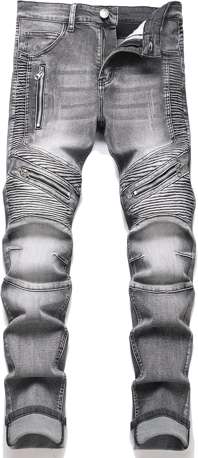 RXXKKK Men's Classic Zipper Biker Regular Fit Flex Jean