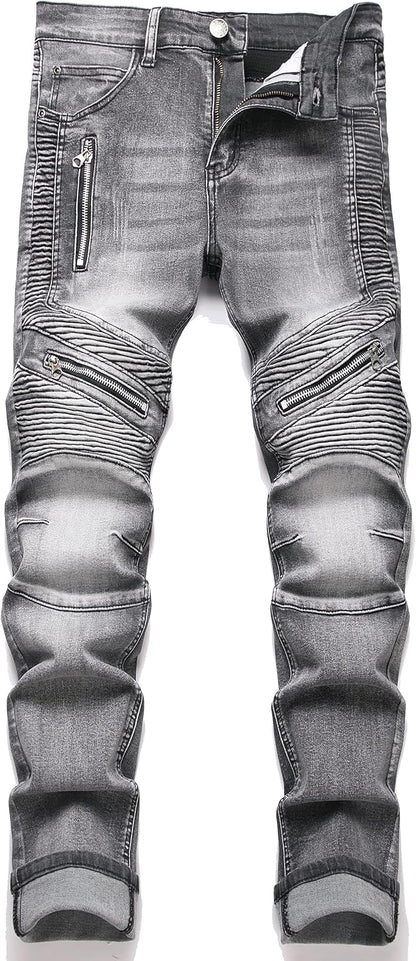RXXKKK Men's Classic Zipper Biker Regular Fit Flex Jean