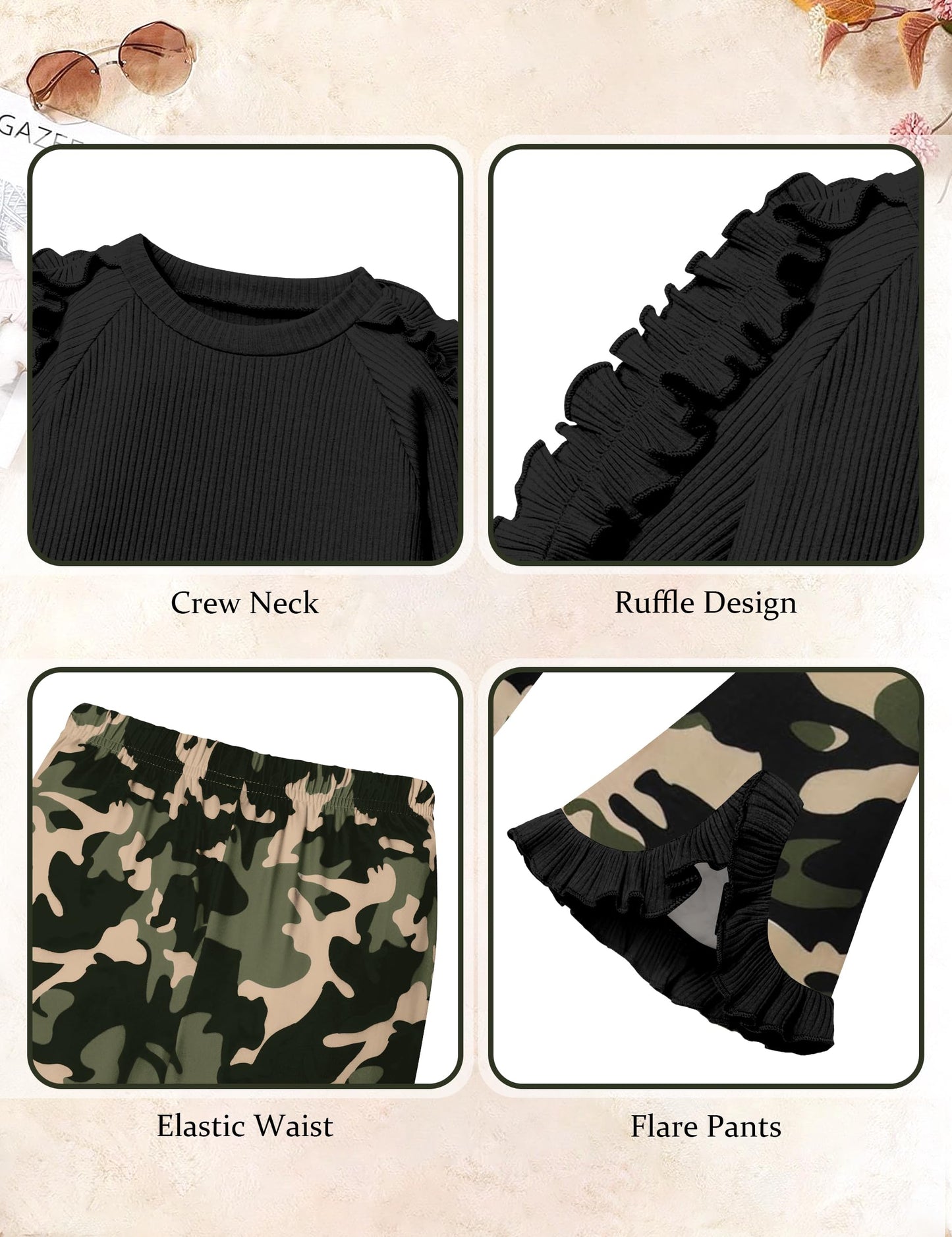 Toddler Girl Clothes Camo Girls Outfits Ruffle Sleeve Tops + Bell Bottom Flared Pants 2 Piece Winter Sweatsuit 2-10T