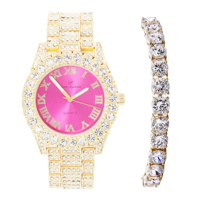 Charles Raymond Women's Big Rocks Bezel Colored Dial with Roman Numerals Fully Iced Out Watch - ST10327LA