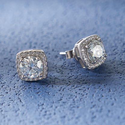 Moissanite Stud Earrings, VVSI Quality D Color Round Cut, Lab Created 925 Sterling Silver with 18K White Gold Plated, Double Halo Design – Idea Gift for Women Men