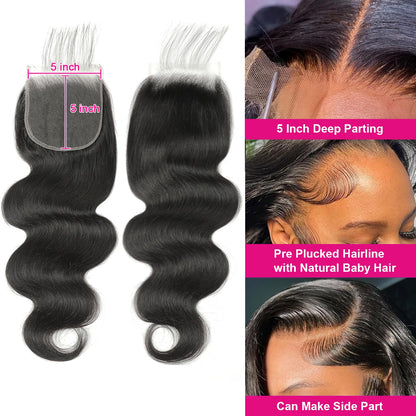 5x5 Transparent HD Lace Closure Body Wave Human Hair Closure Invisible Ultra-thin 5x5 Lace Closure Brazilian Raw Virgin Human Hair Pre Plucked Natural Black 16 Inch
