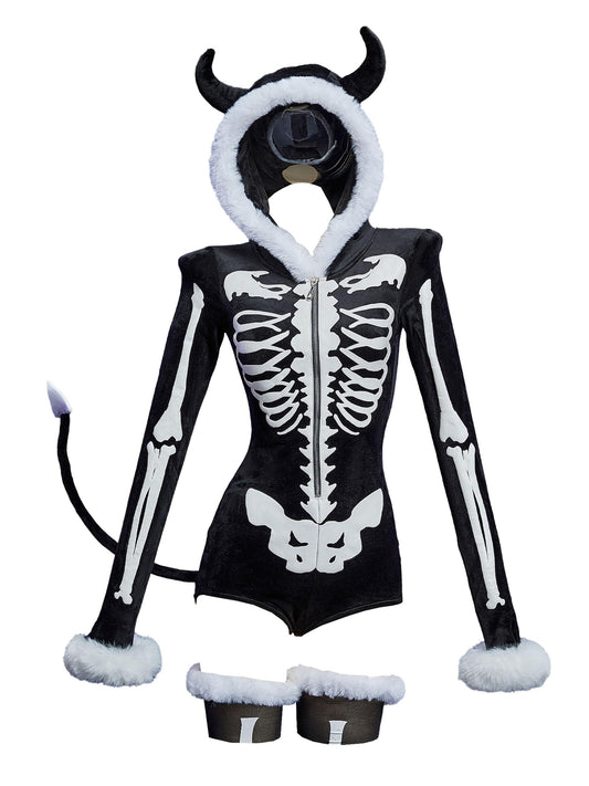MEOWCOS Gothic Bodysuit Furry Hooded Black White Skull Pattern Halloween Costume Homewear with Tail and Socks