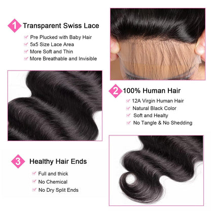 5x5 Transparent HD Lace Closure Body Wave Human Hair Closure Invisible Ultra-thin 5x5 Lace Closure Brazilian Raw Virgin Human Hair Pre Plucked Natural Black 16 Inch