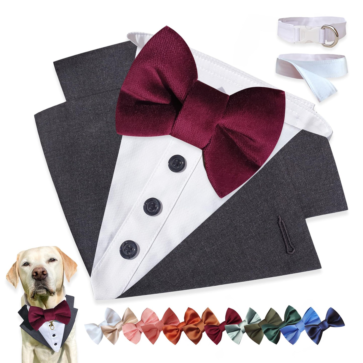 Custom-Fit Dog Tuxedo with Bow Tie & Lapel Uncut Cham Eyelet | Keyhole Fishtail Buttonhole Design | Optional Ring Bearer Clasp | Perfect Outfit for Wedding & Birthday by ACORD EU (Tan)