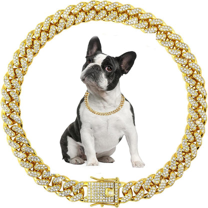 Bling Dog Collars for Small Dogs,Dog Chain Collars, Diamond Necklace Metal Choke Cuban Link Dog Collar, 13mm Wide Pet Jewelry for Puppy Small Medium Large Dogs Cats Rose Gold (8inch)