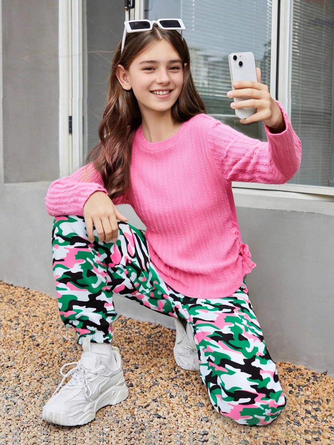 Girls' Clothing Sets Ribbed Knit Crewneck T-Shirt & Camo Print Elastic Waist Pants Girls Clothes Size 6-16Y