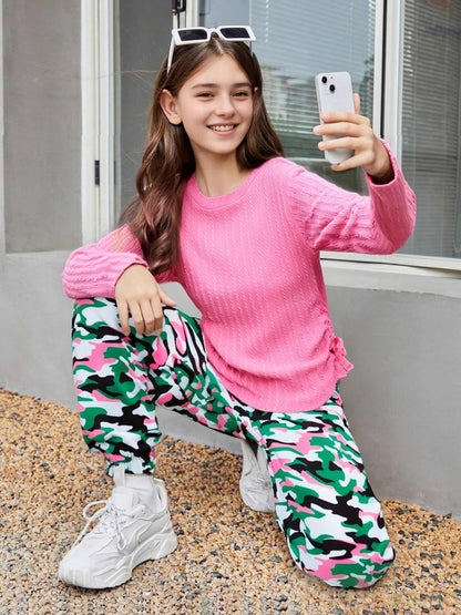 Girls' Clothing Sets Ribbed Knit Crewneck T-Shirt & Camo Print Elastic Waist Pants Girls Clothes Size 6-16Y