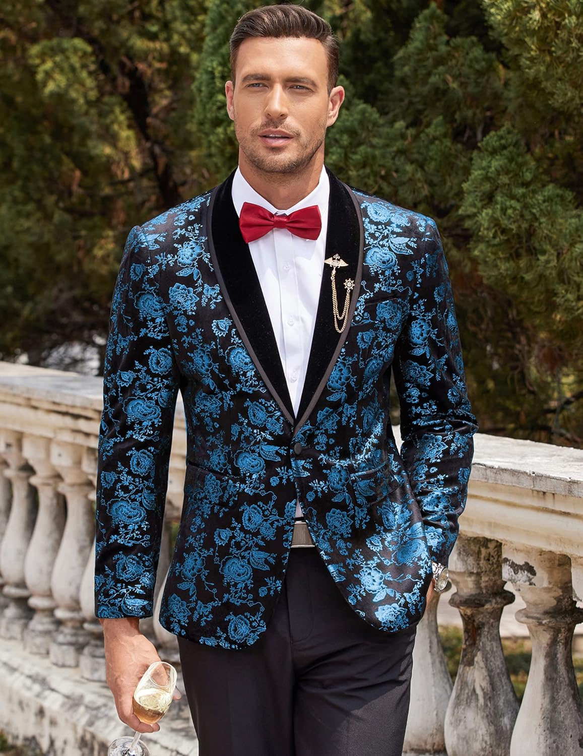 COOFANDY Men's Velvet Tuxedo Floral Blazer Jacket One Button Shawl Lapel Suit Jacket for Dinner Prom Party Wedding
