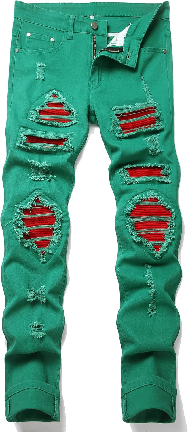 Men's Ripped Patch Elastic Jeans Fashion Slim Fit Regular Denim Pants