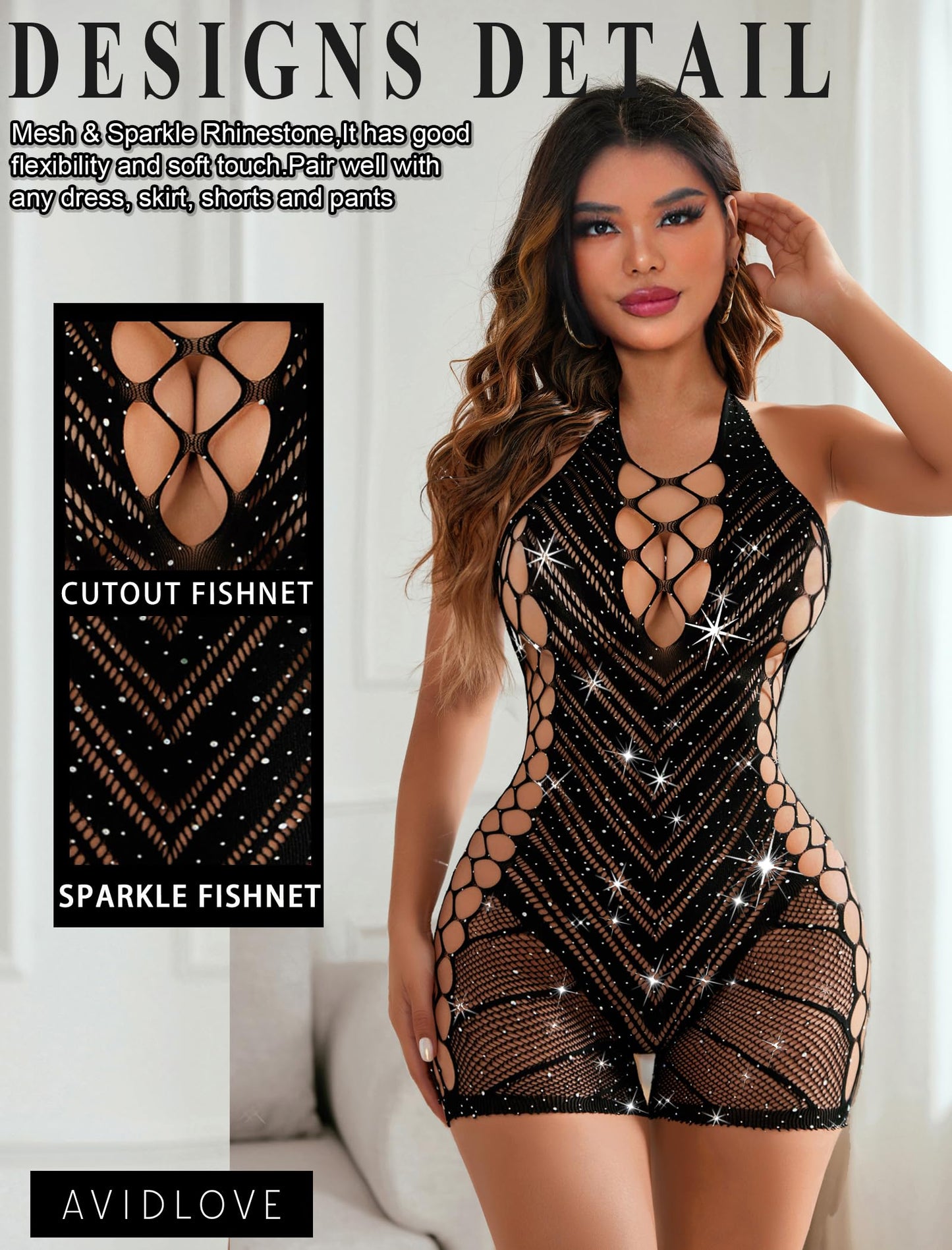 Avidlove Womens Lingeries Fishnet Lingerie for Women Sexy Outfit Fishnet Bodysuit Sparkle Rhinestone Cut Out Romper