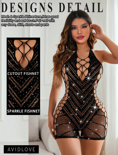 Avidlove Womens Lingeries Fishnet Lingerie for Women Sexy Outfit Fishnet Bodysuit Sparkle Rhinestone Cut Out Romper