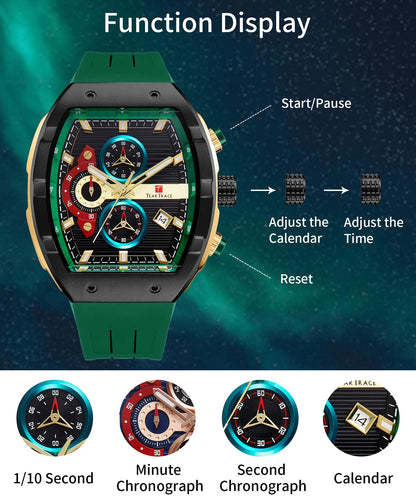 Watches for Men Analog Quartz Waterproof Sport Men’s Watch Tonneau Chronograph Luminous Fashionable Unique Casual Watch with Silicone Strap