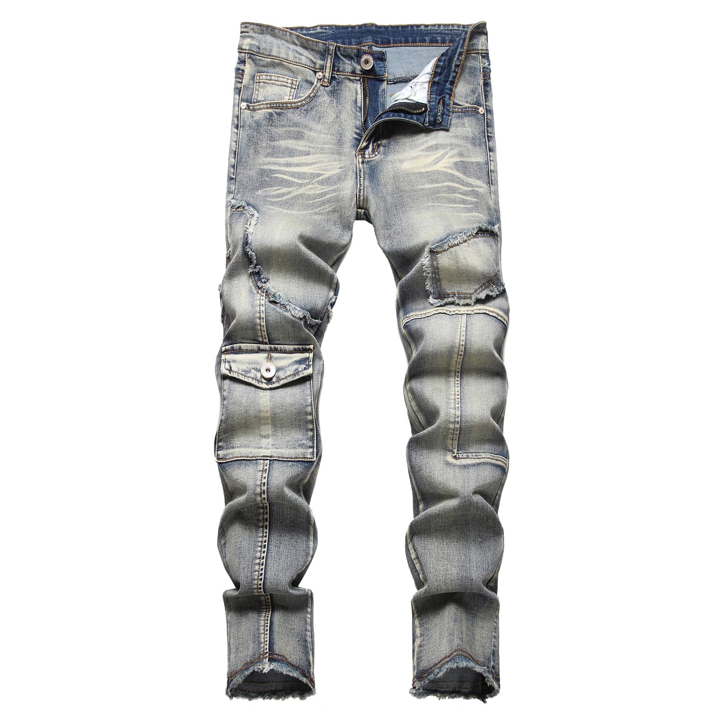 XIMXIMMTIAN Men's Biker Moto Washed Distressed Slim Fit Straight Jeans Denim