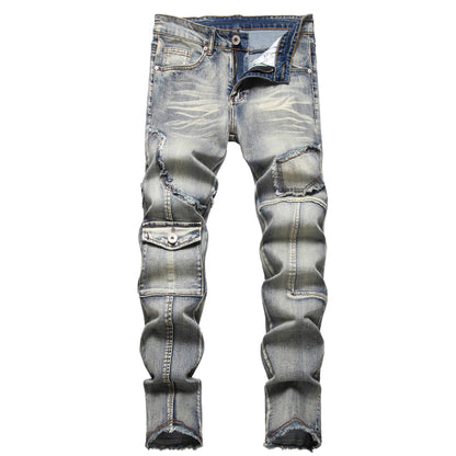 XIMXIMMTIAN Men's Biker Moto Washed Distressed Slim Fit Straight Jeans Denim