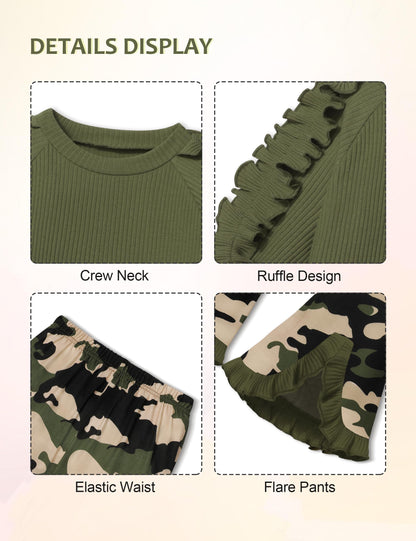 Toddler Girl Clothes Camo Girls Outfits Ruffle Sleeve Tops + Bell Bottom Flared Pants 2 Piece Winter Sweatsuit 2-10T