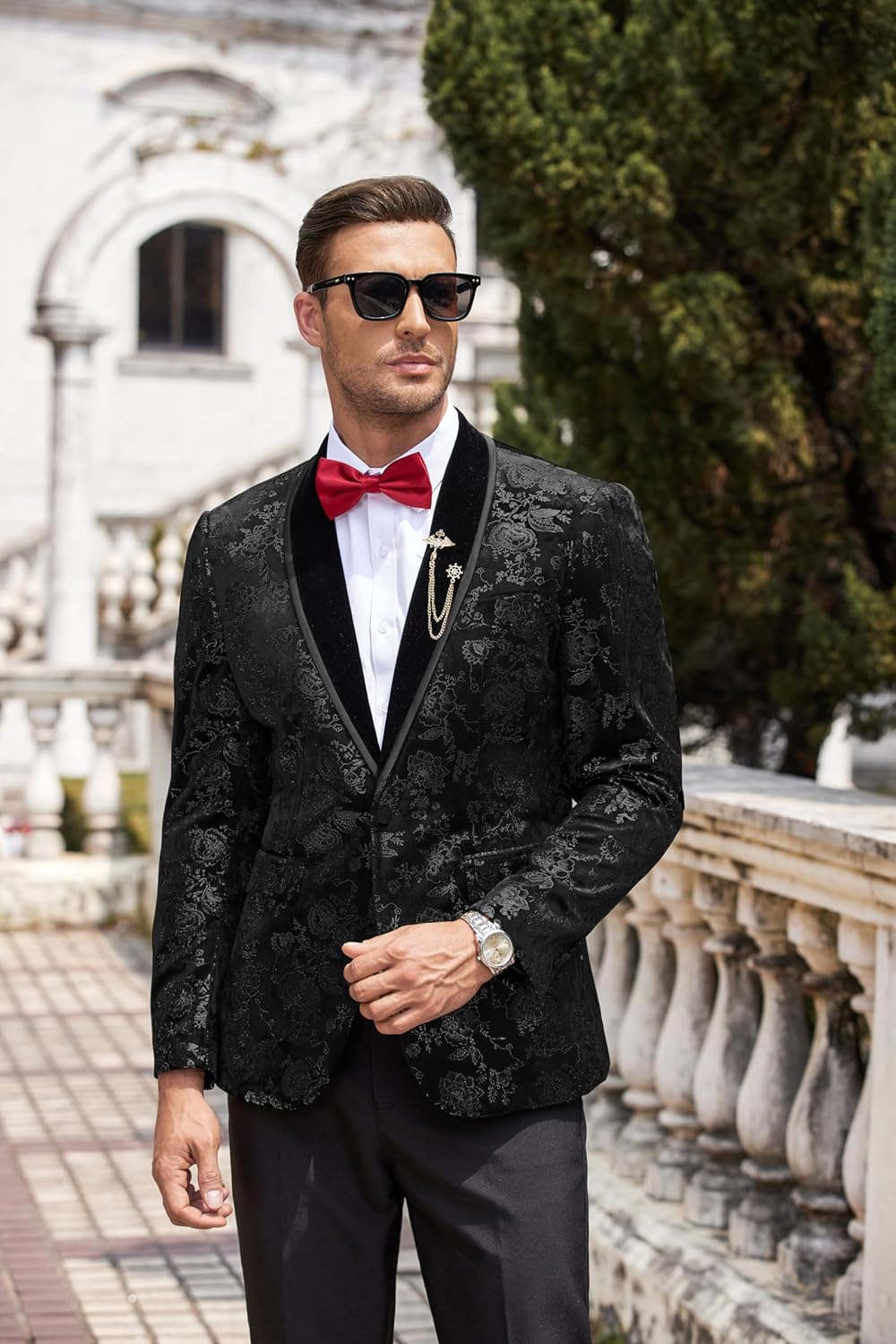 COOFANDY Men's Velvet Tuxedo Floral Blazer Jacket One Button Shawl Lapel Suit Jacket for Dinner Prom Party Wedding