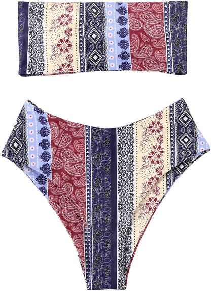 OMKAGI Women Bandeau Bikini Swimsuits Cheeky Off Shoulder Bathing Suit