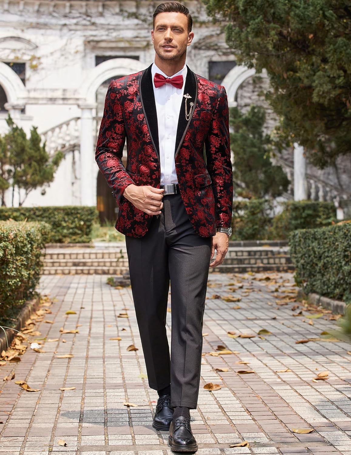 COOFANDY Men's Velvet Tuxedo Floral Blazer Jacket One Button Shawl Lapel Suit Jacket for Dinner Prom Party Wedding