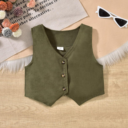 HINTINA Toddler Little Girl Sleeveless Button Vest Ribbed Long Sleeve Collar Top And Pleated Skirt With Belt