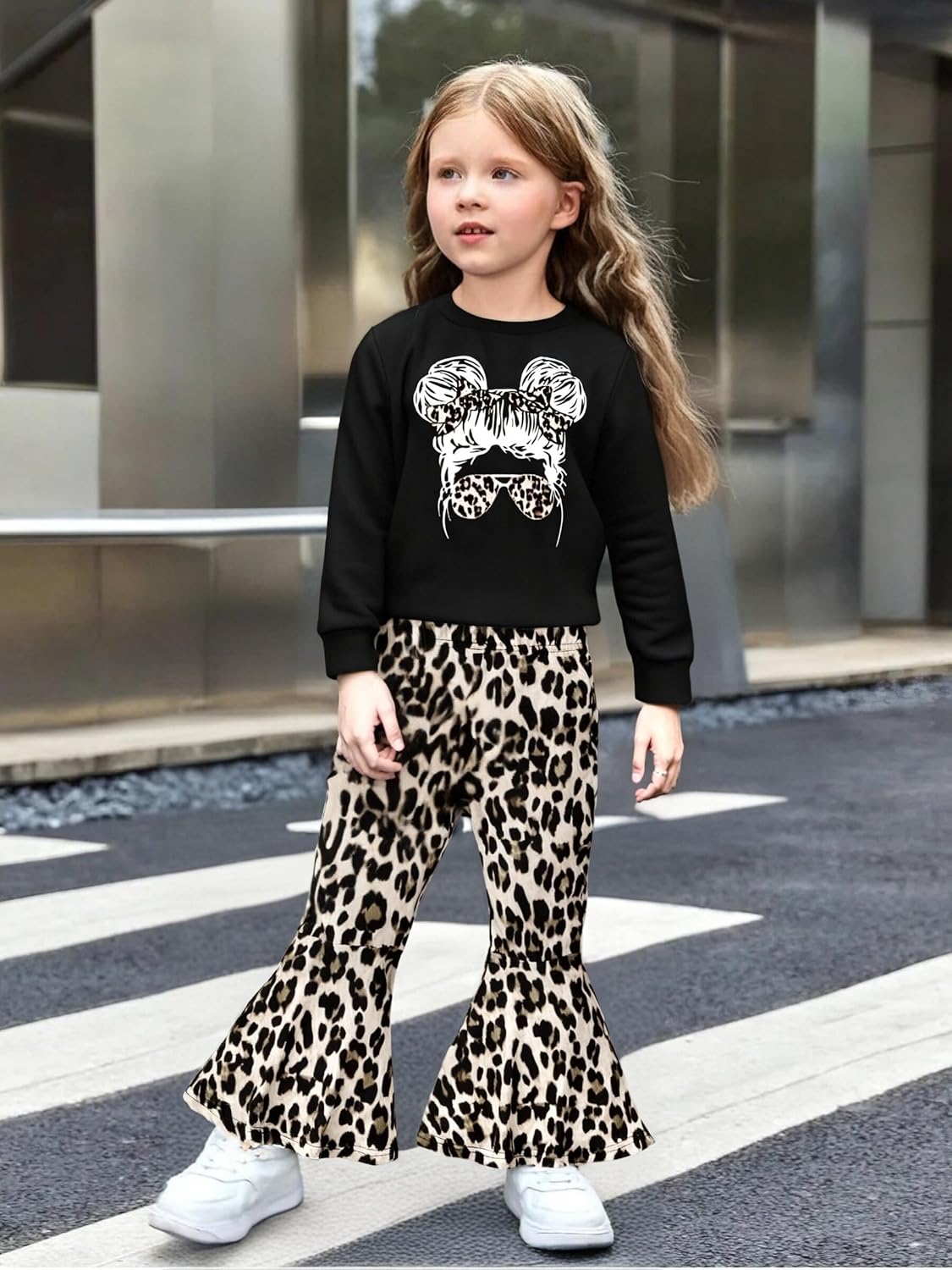 Toddler Girl Clothes Long Sleeve Cartoon & Letter Graphic Top + Fruit Stationery Print Flared Leg Pants