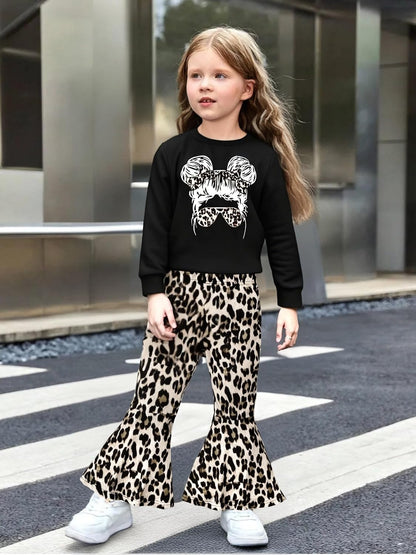 Toddler Girl Clothes Long Sleeve Cartoon & Letter Graphic Top + Fruit Stationery Print Flared Leg Pants