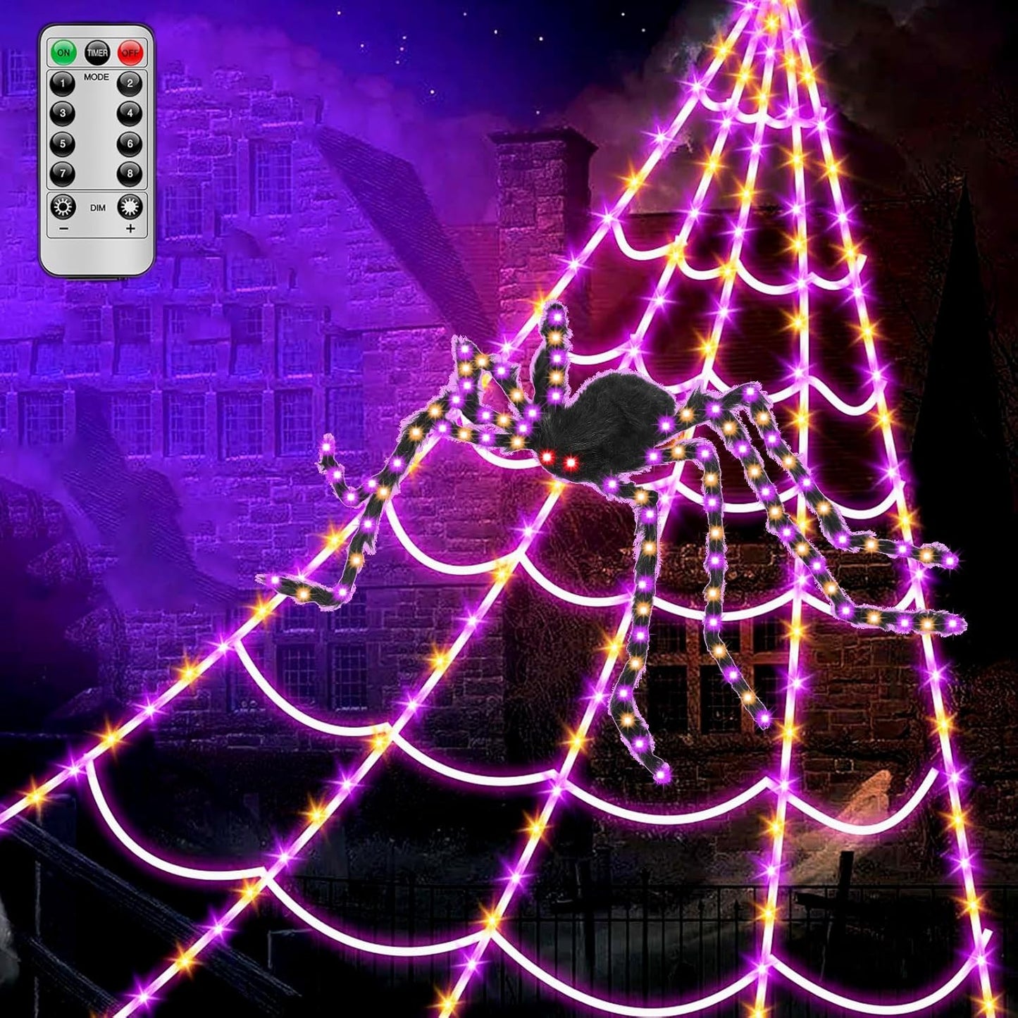 Spider Webs Halloween Decorations Lights - 250 LEDs Outdoor Halloween String Lights with 60" Light Up Spider,8 Modes Remote Control 16.4Ft Spiderweb,Waterproof (Orange+Purple)