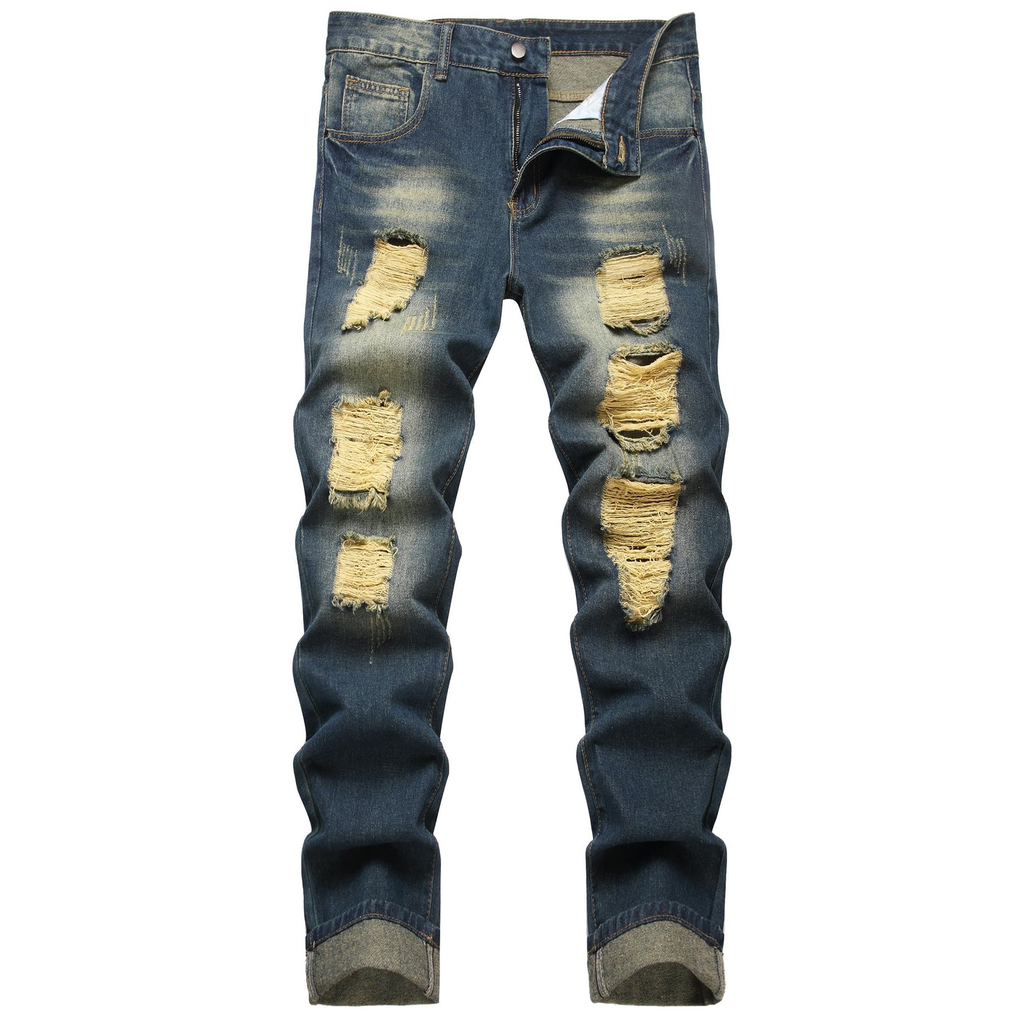 Men's Slim-fit Stretch Denim Jeans Featuring a Ripped Stretch Regular Pants