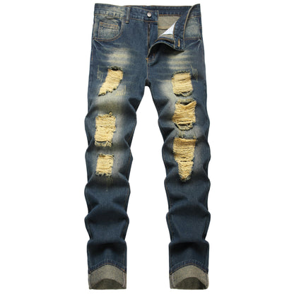 Men's Slim-fit Stretch Denim Jeans Featuring a Ripped Stretch Regular Pants